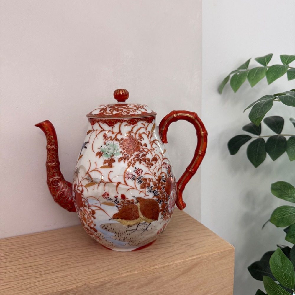 Vintage Japaneseโ Kutani Porcelain Teapot Hand Painted Birds Gold Gilt Handle